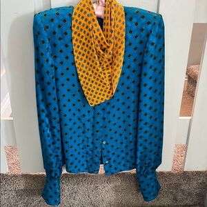 Blue and Yellow Patterned Blouse with Scarf